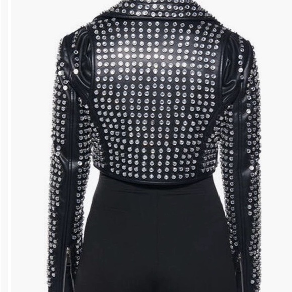 Black Studded Leather Cropped Moto Jacket - Picture 2 of 4